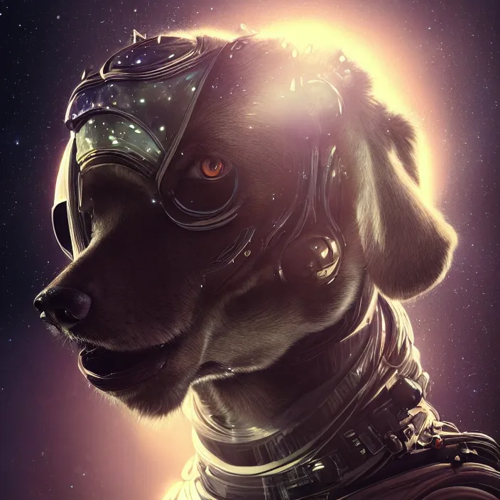 Prompt: very detailed portrait of a majestic dog, dressed in a spacesuit, sci - fi, futuristic, details, intricate, octane render, redshift, smooth, illustration, fairy lighting, stars and planets in the background, hyperrealistic, by dmitry prozorov, loish, and wlop, trending on artstation, hyperdetailed, hyperrealism