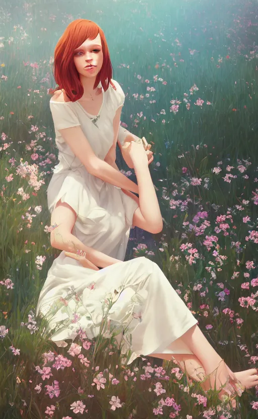 Image similar to southern ginger woman in a cream dress, freckled, sitting among flowers, airbrushed, hazy, gentle, soft lighting, wojtek fus, by makoto shinkai and ilya kuvshinov,