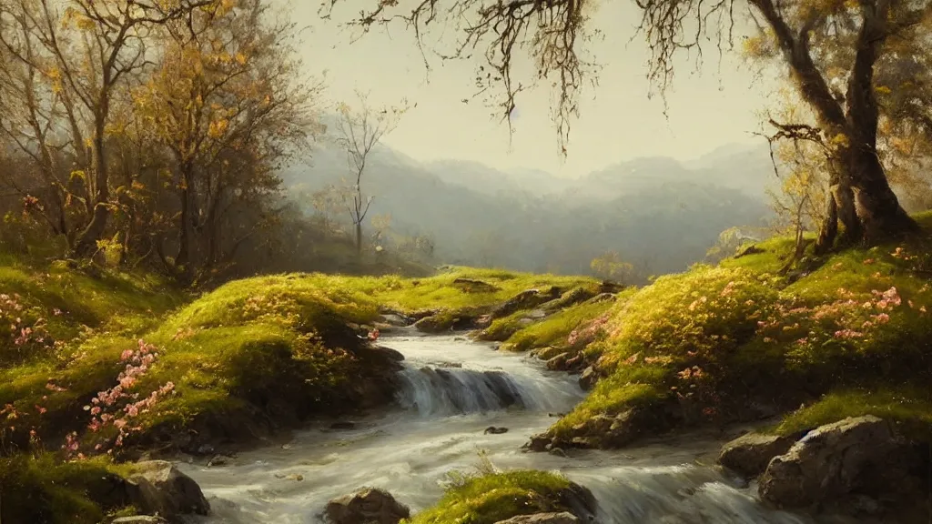 Prompt: A beautiful landscape oil painting of a hill with trees, the spring has arrived and the trees are blooming and covered with colorful flowers, the river is zigzagging and flowing in its way, the river has lots of dark grey rocks, by Greg Rutkowski