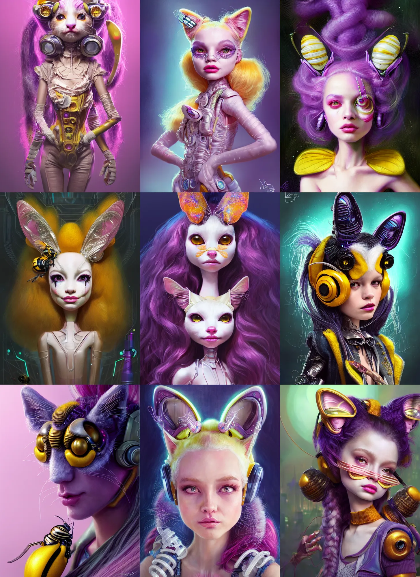 Prompt: disney weta portrait, soft lustrous biotech raver white clowncore bumblebee kitty cyborg, earbuds, hi - fructose, sci - fi, fantasy, cyberpunk, intricate, decadent, highly detailed, digital painting, ever after high, octane render, artstation, concept art, smooth, sharp focus, illustration, art by pixar, loish, wlop