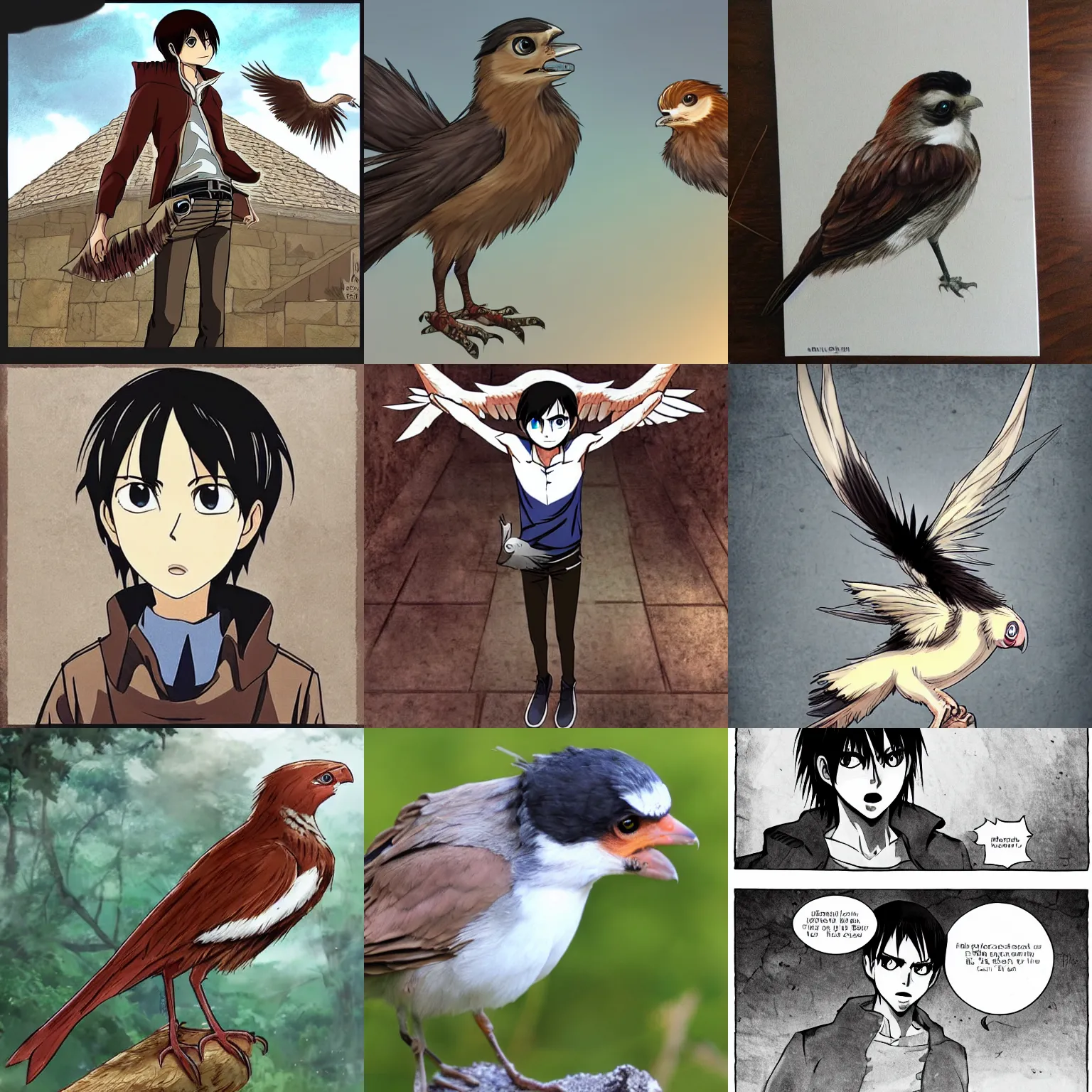 Prompt: Eren from Attack on Titan as a bird