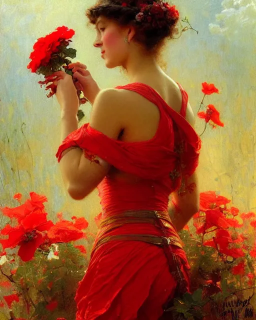 Image similar to an attractive girl wearing a red dress and surrounded by flowers. highly detailed painting by gaston bussiere, craig mullins, j. c. leyendecker 8 k