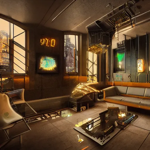 Prompt: cyberpunk art nouveau living space inspired by the movie Bladerunner