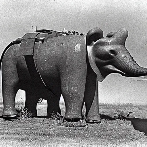 Image similar to a historical photo of a steampunk elephant with canons destroyed by a tank in the battlefield in ww 2, german tanks, gunfire, soldiers, high detailed