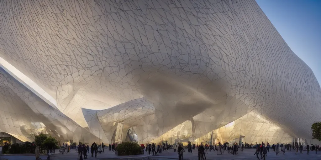 Image similar to extremely detailed ornate stunning beautiful elegant futuristic museum exterior by Zaha Hadid, stunning volumetric light, sunset