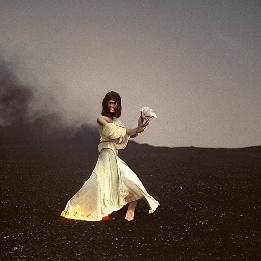 Image similar to The full body shot of beautiful pale woman with white flowers and full-face golden mask inside a thick black smoke in rocky desert landscape, glowing eyes everywhere, burning earth by Gaspar Noe and Christopher Doyle, anamorphic lens, anamorphic lens flares, kodakchrome, cinematic composition, practical effects, award winning photo, 8k,