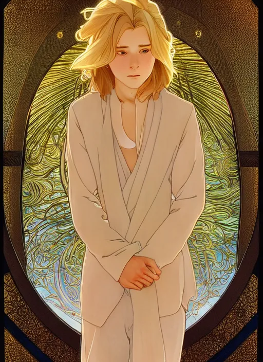 Image similar to pretty young man with shoulder length shiny shimmering golden blond hair, path traced, highly detailed, high quality, digital painting, by studio ghibli and alphonse mucha, leesha hannigan, disney