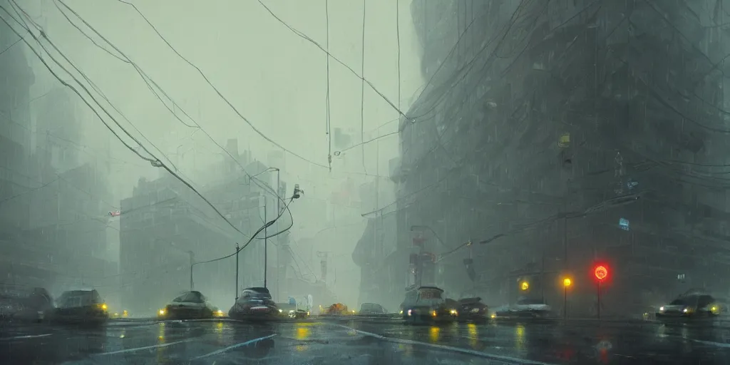 Image similar to Mumbai city by Simon Stålenhag, Matte Painting, heavy rains, traffic lights, fog