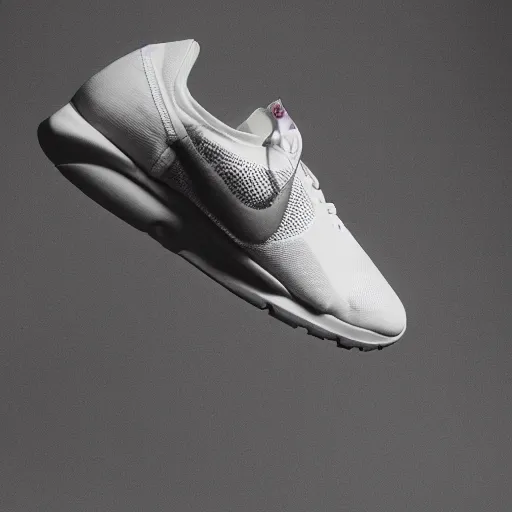 Image similar to a studio photoshoot of A technical Nike running sneaker designed by Virgil Abloh, mesh fabrics, Off-White, realistic, color film photography by Tlyer Mitchell, 35 mm, graflex