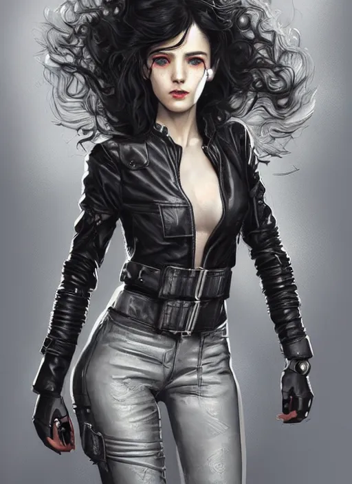 Prompt: girl in cyberpunk! top and gray and black! leather jacket, open belly, long dark curly hair, high waist jeans, intricate, elegant, highly detailed, digital painting, artstation, concept art, smooth, illustration, art by artgerm and greg rutkowski and alphonse mucha