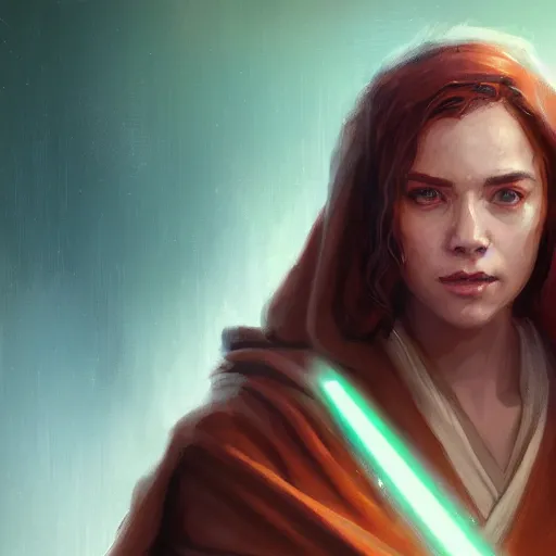 Image similar to portrait of a woman by greg rutkowski, jedi knight jade skywalker, wavy copper hair, jedi robes, star wars expanded universe, she is about 2 0 years old, wearing jedi robes, highly detailed portrait, digital painting, artstation, concept art, smooth, sharp foccus ilustration, artstation hq