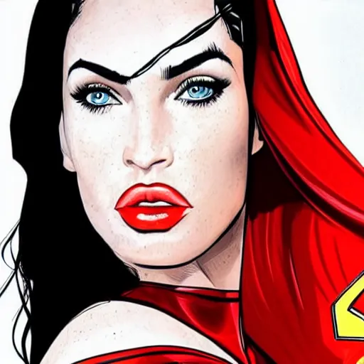 Prompt: megan fox as superwoman, fully body superhero portrait