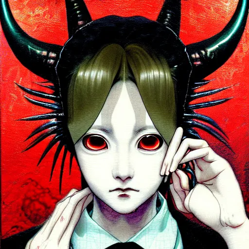 Prompt: yoshitaka amano blurred and dreamy realistic three quarter angle horror portrait of a sinister young woman with short hair, horns and red eyes wearing office suit with tie, junji ito abstract patterns in the background, satoshi kon anime, noisy film grain effect, highly detailed, renaissance oil painting, weird portrait angle, blurred lost edges