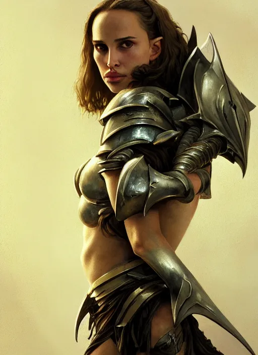 Image similar to young natalie portman, legendary warrior, warframe, lord of the rings, tattoos, decorative ornaments, battle armor, carl spitzweg, ismail inceoglu, vdragan bibin, hans thoma, greg rutkowski, alexandros pyromallis, cute, perfect face, detailed, sharply focused, centered, rule of thirds, photorealistic shading