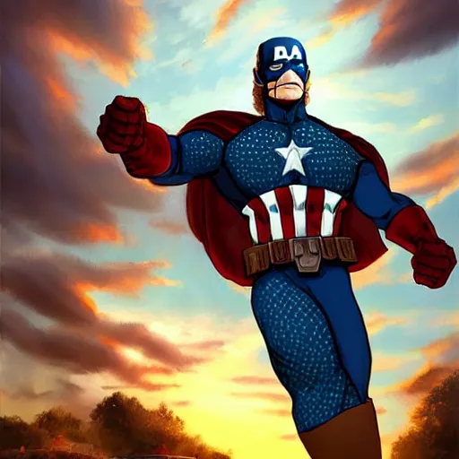 Prompt: Bob Ross as captain america, digital art, concept art, sunset sky in the background, symmetrical, highly detailed, high quality, concept art, Deviant Art, anime style