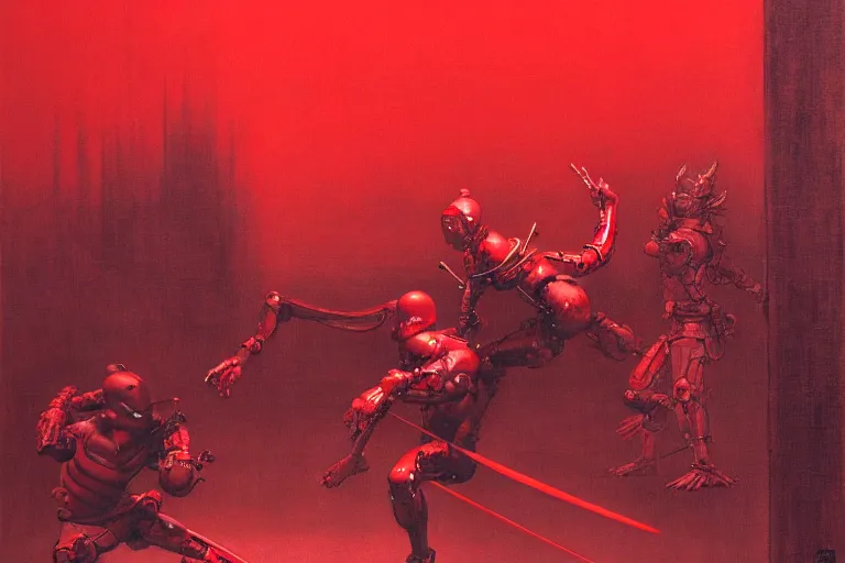 Image similar to only with red, a red cyborg samurai, tokio futuristic in background, some evil yokai fight, in the style of beksinski, parts by edward hopper, parts by rodcenko, parts by yue minjun, intricate and epic composition, red by caravaggio, insanely quality, highly detailed, masterpiece, red light, artstation, 4 k