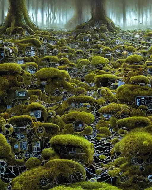Image similar to panoramic view, superintelligent ecological matrix of moss and lichen dotted biomechanical trees growing on junkyard heaps of electronics and automobiles among puddles of glistening oil, artists bev doolittle and philippe caza, high contrast cinematic light, mystical shadows, sharp focus, octane render, three dimensional autostereogram optical illusion, repeating patterns