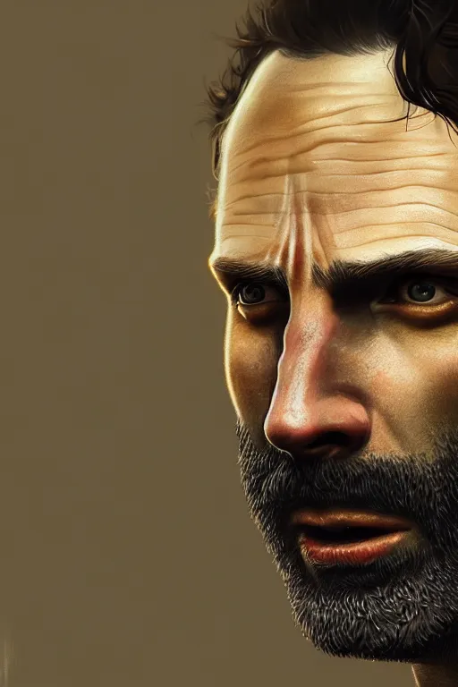 Image similar to , ultra detailed close up facial portrait of rick grimes, extremely detailed digital painting, in the style of fenghua zhong and ruan jia and jeremy lipking and peter mohrbacher, mystical colors, rim light, beautiful lighting, 8 k, stunning scene, raytracing, octane, trending on artstation