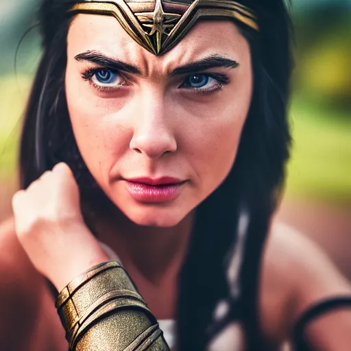 Image similar to still of Wonder Woman, 50% Mediterranean, stunning closeup, 35mm F/1.2