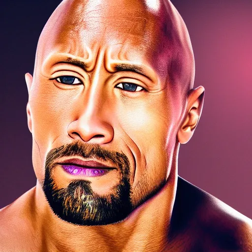 Prompt: Portrait photography of Dwayne Johnson with glowing purple eyes