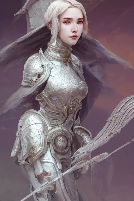 Image similar to portrait young knights of Zodiac girl, matt white color armor, in ruined Agora of Athens Sunrise, ssci-fi and fantasy, intricate and very beautiful and elegant, highly detailed, digital painting, artstation, concept art, smooth and sharp focus, illustration, art by tian zi and WLOP and alphonse mucha