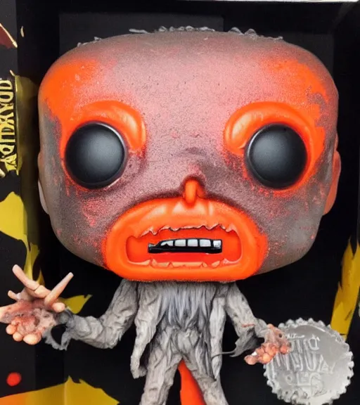 Prompt: limited edition horror themed wendigo with antlers funko pop still sealed in box, ebay listing, orange bloody box