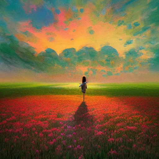 Image similar to girl with a blooming flower face, surreal photography, bizzare, dreamlike, otherworldly, standing in flower field, in a valley, sunrise dramatic light, impressionistic painting, colorful clouds, artstation, simon stalenhag