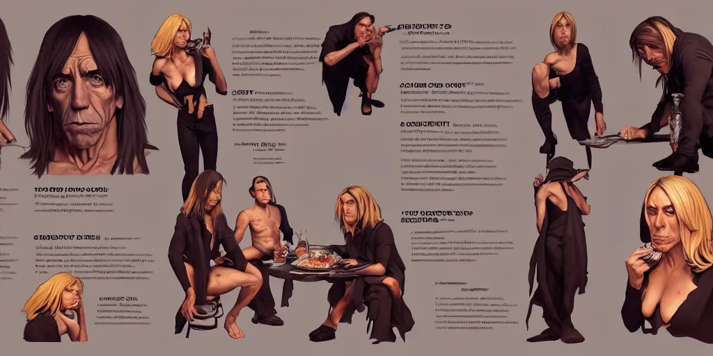 Prompt: iggy pop eating dinner, character sheet, character design, contrast, deep focus, turnaround, highly detailed, dramatic lighting, digital painting, artstation, concept art, matte, sharp focus, illustration, elegant, art by artgerm and greg f and alphonse mucha.