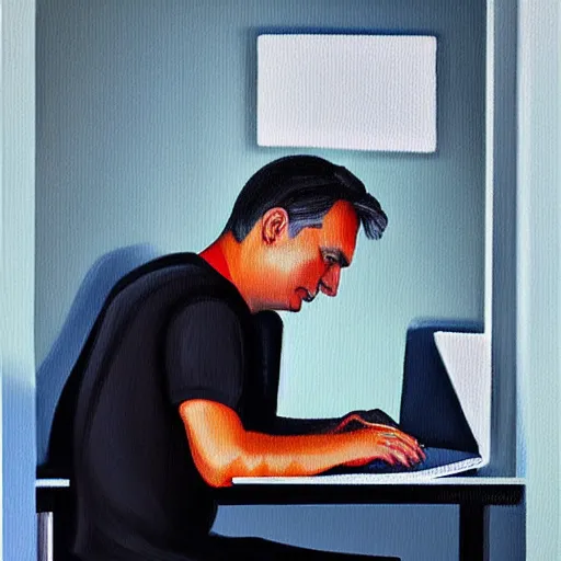 Image similar to viktor orban javascript programming with a laptop in a cubicle, oil painting