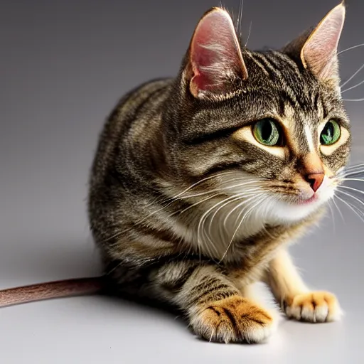 Prompt: a studio photo of a cross between a tabby cat and a mouse