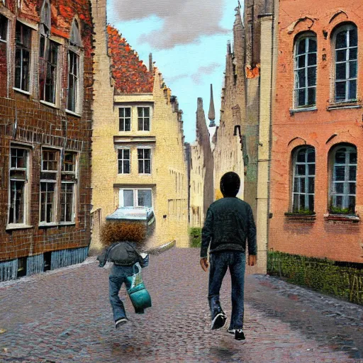 Image similar to bob marley walking in bruges, painted by scott listfield, sunny, happy