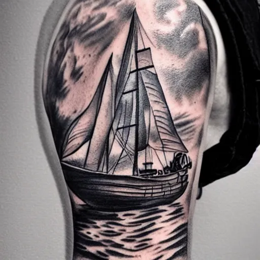 Image similar to A magical pirate ship tattoo realistic tattoo sketch on white background, hyper realistic shaded tattoo, award winning tattoo