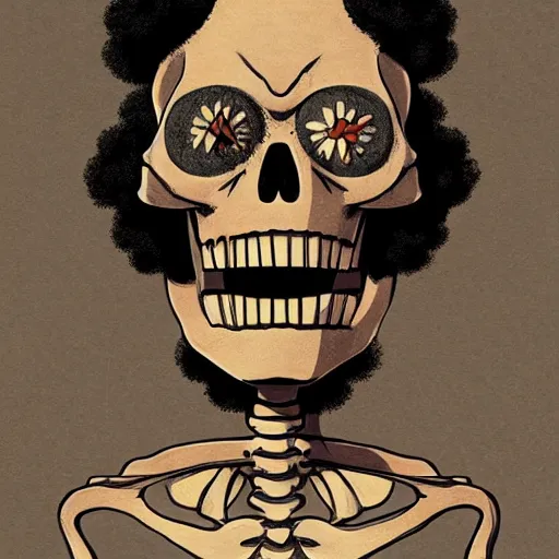 Prompt: a skeleton with an open jaw and an afro, digital art, ukiyo - e, trending on artstation,