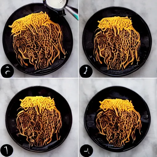 Image similar to making of an edible giraffe from noodles and soy sauce in 1 0 easy steps, from the beautiful'how to make food art step by step collection ', dslr