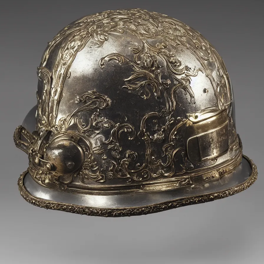 Prompt: french imperial fighter pilot helmet, glass visor, ornate baroque details