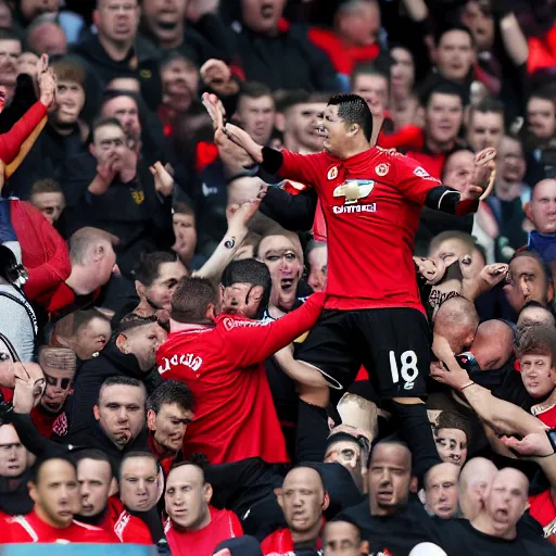 Image similar to highly detailed rending of ronaldo being dragged out old trafford by man united by rioting fans after they get relegated from the premier league, highly detailed face, 8 k, accidentally renascence