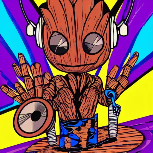 Prompt: svg sticker of a Pop-Wonder Groot-Marvel-Avenger at a rave, spinning records, giant headphones rocking out, wearing headphones, huge speakers, dancing, rave, DJ, spinning records, digital art, amazing composition, nft, rule-of-thirds, award-winning, trending on artstation, featured on deviantart