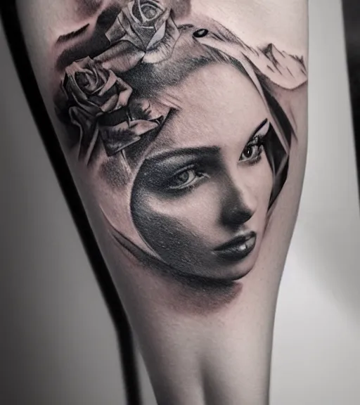 Image similar to tattoo design sketch of a beautiful girl with a faded mountain background, in the style of den yakovlev, black and white, realism tattoo, hyper realistic, highly detailed