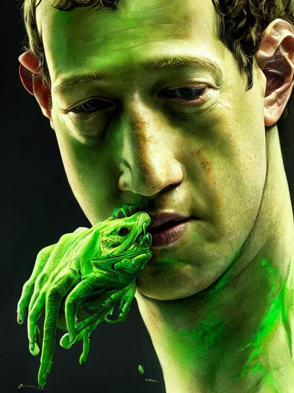 Image similar to portrait of a mark zuckerberg, skin peeling away to reveal bright green reptile!!! skin, art by ryo shiotani and greg rutkowski, intricate, beautiful, cinematic lighting, vintage art by serge ivanoff, high resolution, very detailed