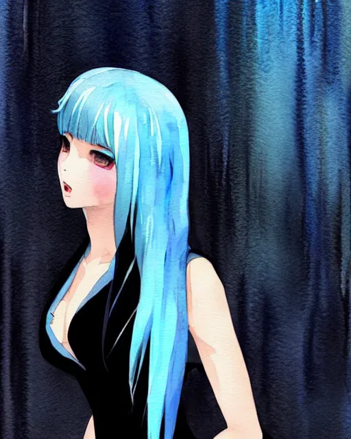 Prompt: watercolor painting of a pretty girl with Blue hair, wearing a Black dress, night city Background. In the style of ilya kuvshinov, dramatic lighting, fantasy, intricate, elegant, highly detailed, lifelike, photorealistic, digital painting, bokeh, HDR, high resolution, artstation, concept art, smooth, sharp focus, art by Krenz Cushart and Albert Aublet