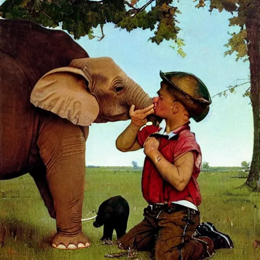 Image similar to a Norman Rockwell painting of a boy and his pet elephant