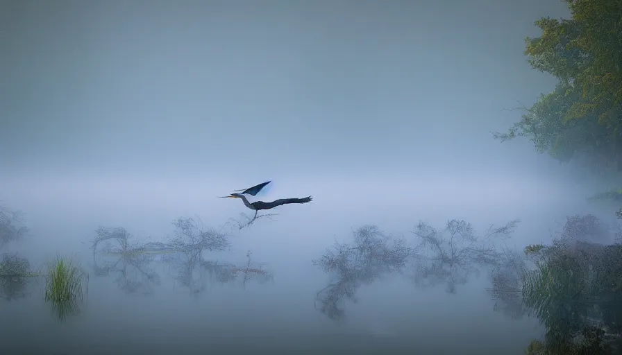 Prompt: a fairy riding a great blue heron over a misty lake, ambient lighting, light bloom, in the style of Edward Robert Hughes and Over the Garden Wall