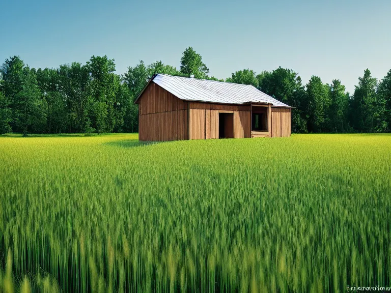 Prompt: hyperrealism photography of beautiful detailed eco house around the forest in small ukrainian village by taras shevchenko and wes anderson, wheat field behind the house