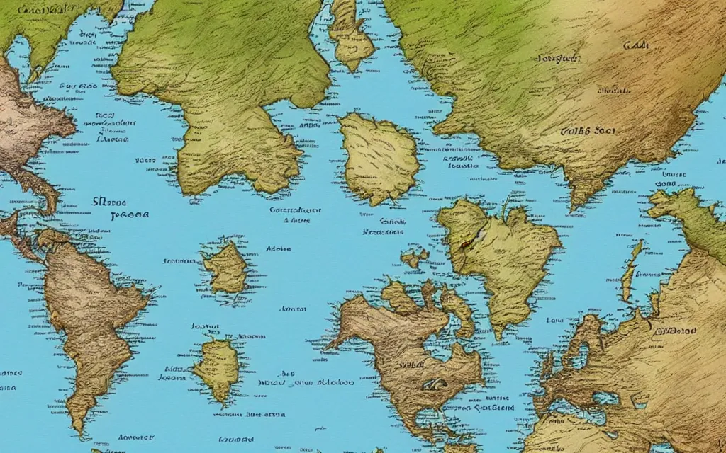 Image similar to a world map for a new fantasy land, topographical view with forests, lakes, oceans, seas, mountains, and other terrains