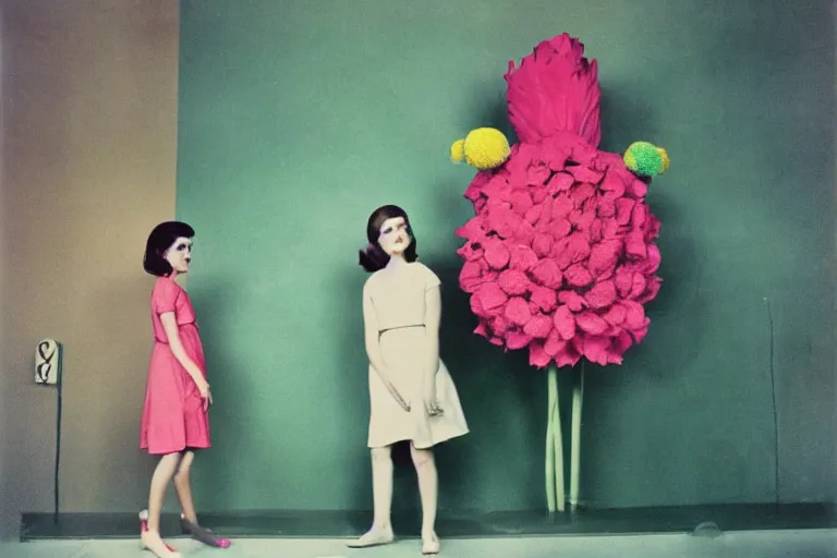Prompt: giant flower head, girl standing, 1 9 6 0 s architecture, surreal photography, symmetry, mid century, liminal space, bright colours, wes anderson