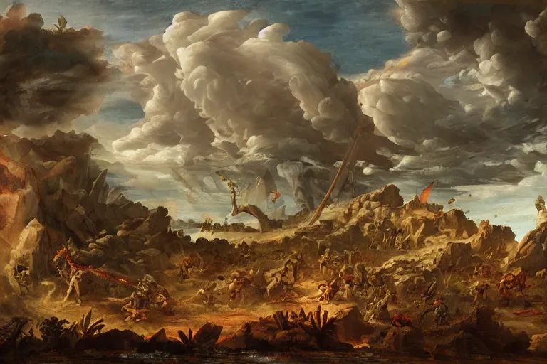 Prompt: landscape of the aftermath of an ancient battle, the art of god of war, digital art by giovanni paolo pannini