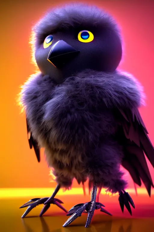 Image similar to high quality 3 d render very cute fluffy cyborg crow! sings into microphone, cyberpunk highly detailed, unreal engine cinematic smooth, in the style of blade runner & detective pikachu, hannah yata charlie immer, moody light, low angle, uhd 8 k, sharp focus