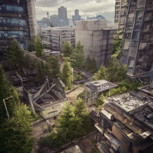 Image similar to a world fallen by disease, seattle completely wasted away, nature taken over and grow over buildings, high quality photorealism, cinematic, epic, Deviantart, artstation, high detail Octane render