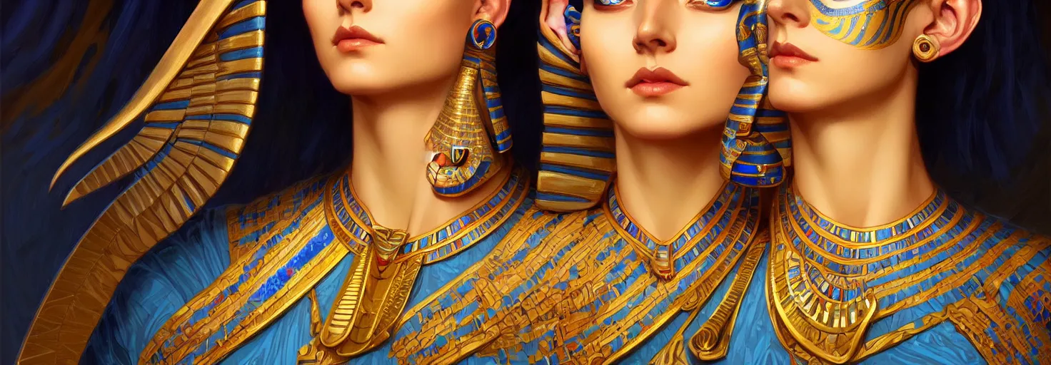 Image similar to astral egyptian woman portrait, blue eyes, face, cleopatra hair, astral, intricate, elegant, highly detailed, digital painting, artstation, concept art, smooth, sharp focus, illustration, art by artgerm and greg rutkowski and alphonse mucha