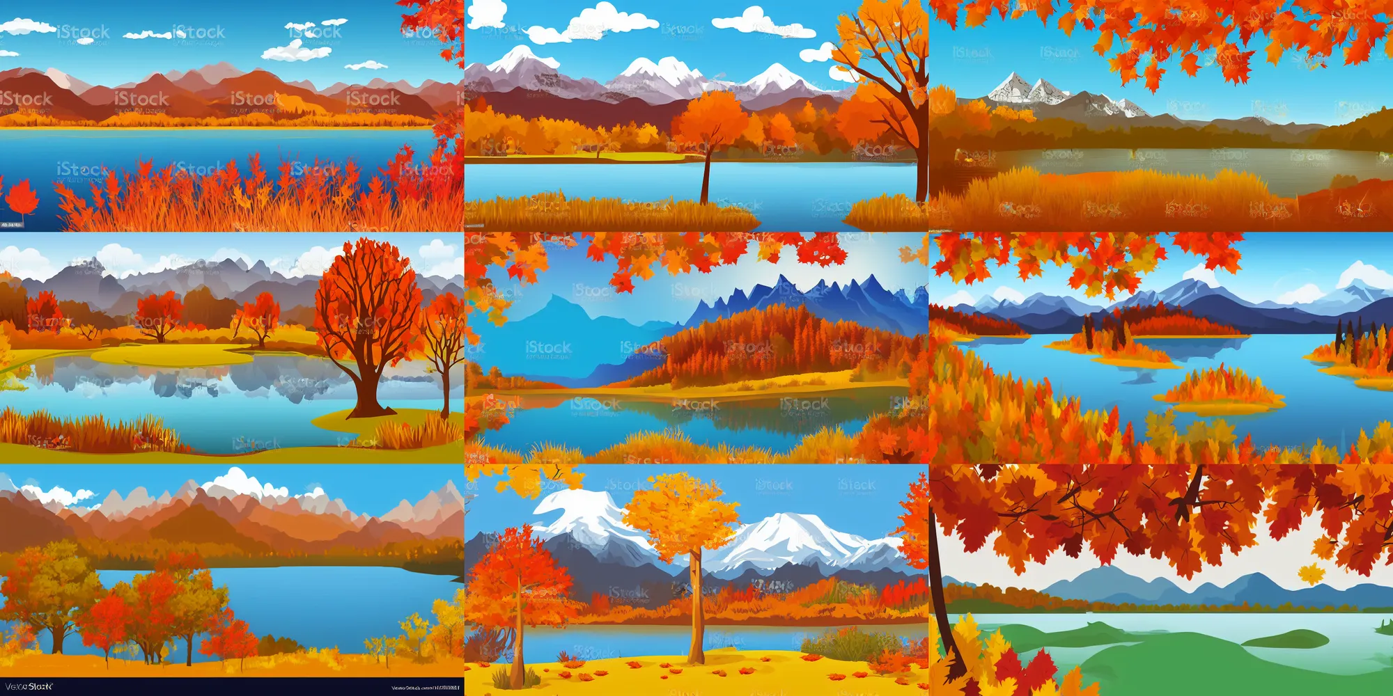 Prompt: Autumn landscape with mountains in the distance and a lake, vector art